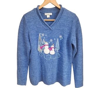 Womens Coquette Heather-Blue Snowman S Long Sleeve Christmas Comfort Sweater